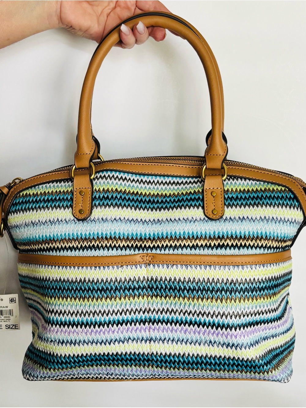 Style & Co Woven Chevron Stripe Tote Satchel Blue Tan NWT Travel Bag